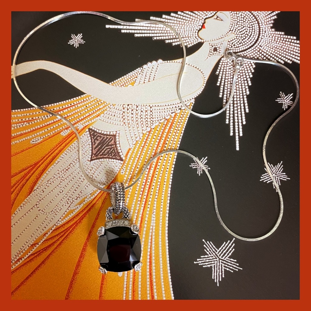 925 SS LARGE PENDANT ~ BLACK STONE W/CRYSTALS  Two Tone Color